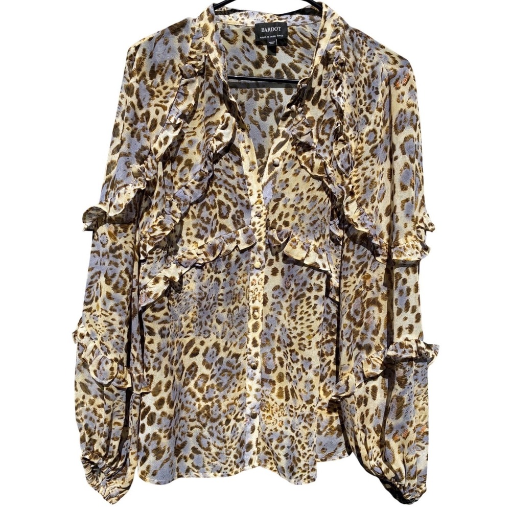 Bardot Leopard Print Ruffle Blouse US10/L Sheer Romantic Boho Top